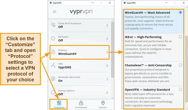 Screenshot of customization options with Chameleon protocol on VyprVPN's app