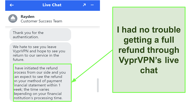 Screenshot of a refund request processed by VyprVPN's live chat agent