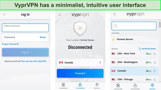 Screenshots of VyprVPN's app user interface