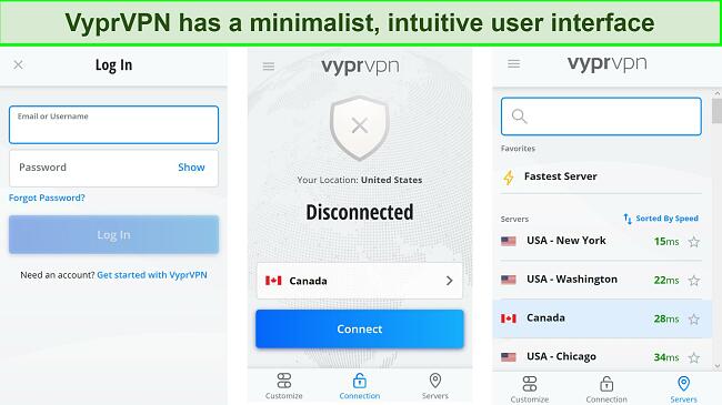 Screenshots of VyprVPN's app user interface
