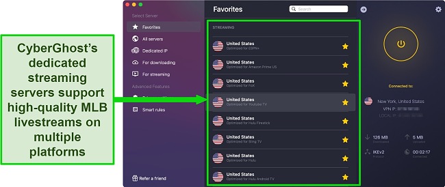 Screenshot of CyberGhost's streaming optimized servers for Hulu, Sling, YouTube TV while CyberGhost is connected to a server in New York, USA