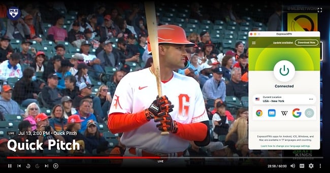 Capture d'écran de Quick Pitch sur MLB Network diffusé sur YouTube TV pendant qu'ExpressVPN est connecté à un serveur à New York, États-Unis