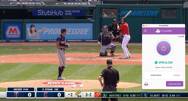 Screenshot of an MLB game playing on MLB.tv while PrivateVPN is connected to a streaming server in the US