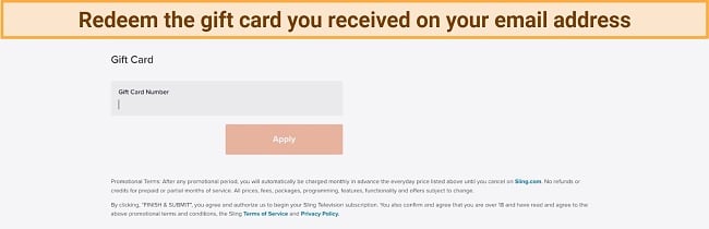 Screenshot of Sling TV gift card code redeem screen