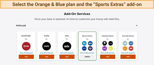 Screenshot of Sling TV package options