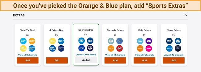 Screenshot of Sling TV package options