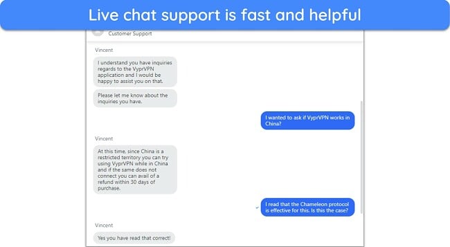 Screenshot of a conversation with VyprVPN's live chat support
