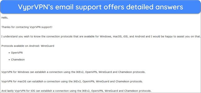 Screenshot of a response from VyprVPN's email support