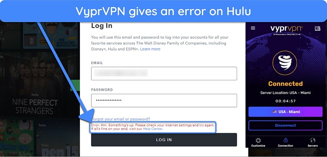 Screenshot of an error message when trying to use VyprVPN with Hulu