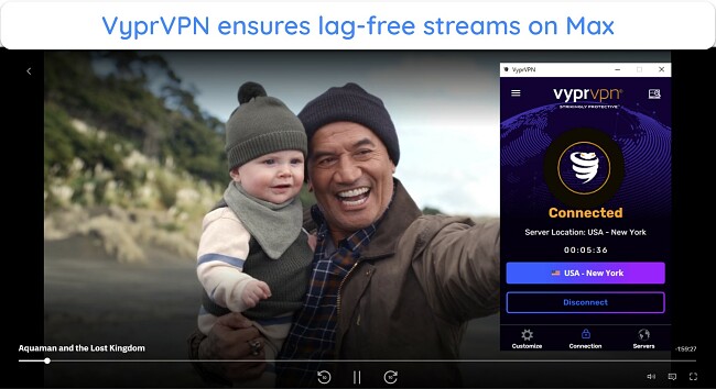 Screenshot of Aquaman and the Lost Kingdom streaming on Max while connected to VyprVPN's USA server