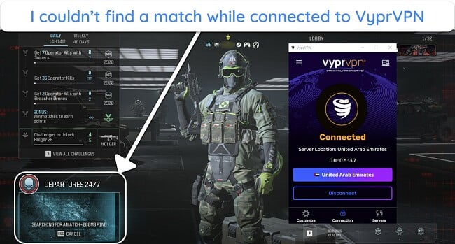 Screenshot of Call of Duty: Modern Warfare 3 trying to find a match while connected to VyprVPN's UAE server