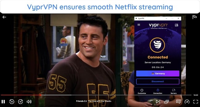 Screenshot of Friends streaming on Netlflix while connected to VyprVPN's Germany server