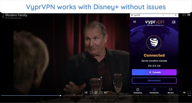 Screenshot of Modern Family streaming on Disney+ while connected to VyprVPN's Canada Server