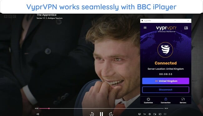 Screenshot of The Apprentice Streaming on BBC iPlayer while connected to VyprVPN's UK server