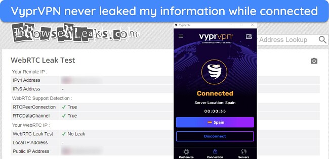 Screenshot of VyprVPN preventing leaks during a WebRTC leak test