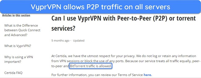 Screenshot highlighting that P2P traffic is allowed on all VyprVPN servers