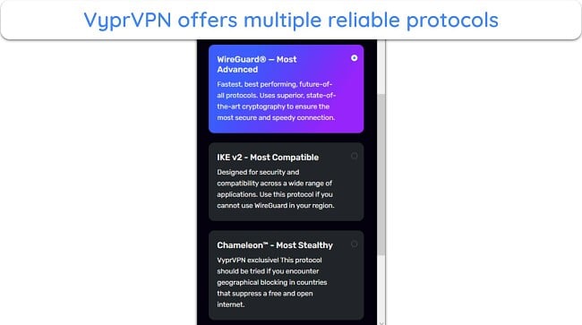 Screenshot of the available protocols in VyprVPN's Windows app