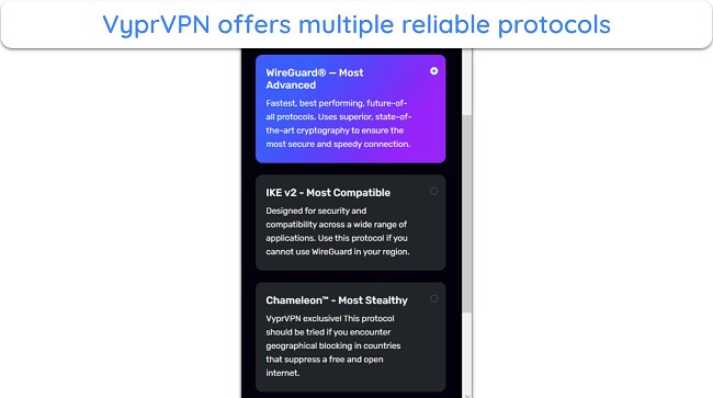 Screenshot of the available protocols in VyprVPN's Windows app