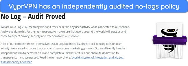 Screenshot of VyprVPN independently audited no-logs policy