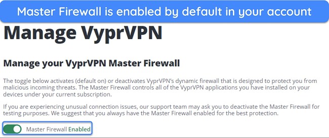 Screenshot showing the Master Firewall enabled in VyprVPN's web portal
