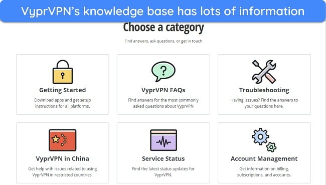 Screenshot of the various categories on VyprVPN's Support page