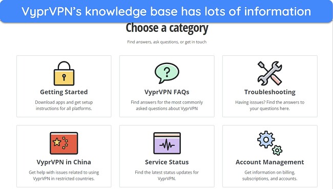 Screenshot of the various categories on VyprVPN's Support page