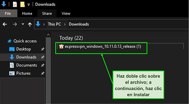 Captura de pantalla del archivo de descarga de ExpressVPN.