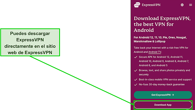 Captura de pantalla del botón de descarga en el sitio de ExpressVPN.