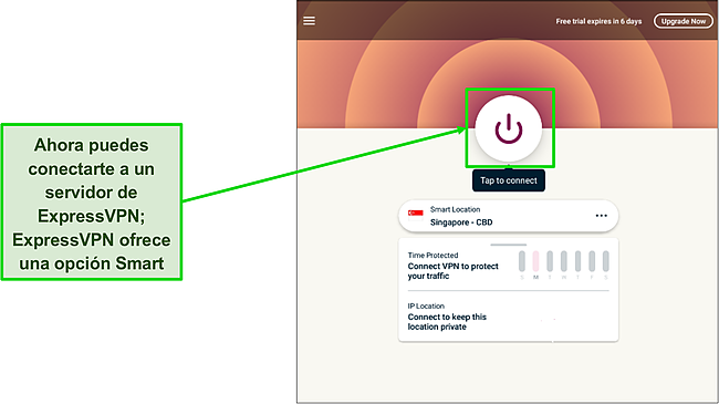 Captura de pantalla del botón de conexión de la aplicación ExpressVPN.