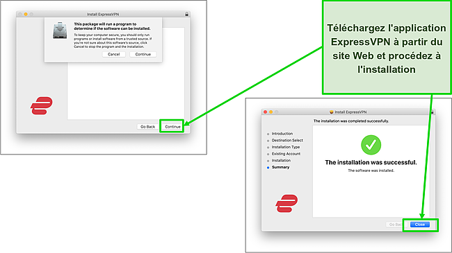 Capture d'écran de la page de téléchargement et de la fenêtre d'installation.