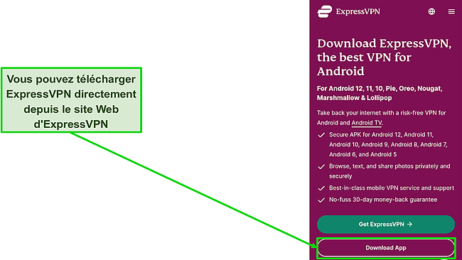 Capture d'écran du bouton de téléchargement sur le site ExpressVPN.