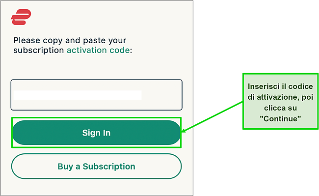 Screenshot della schermata in cui gli utenti possono digitare il codice di attivazione.