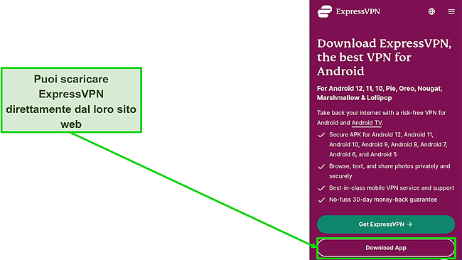Screenshot del pulsante di download sul sito di ExpressVPN.
