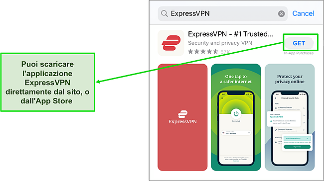 Screenshot del sito ExpressVPN e dell'app store. con il pulsante di download dell'app evidenziato.