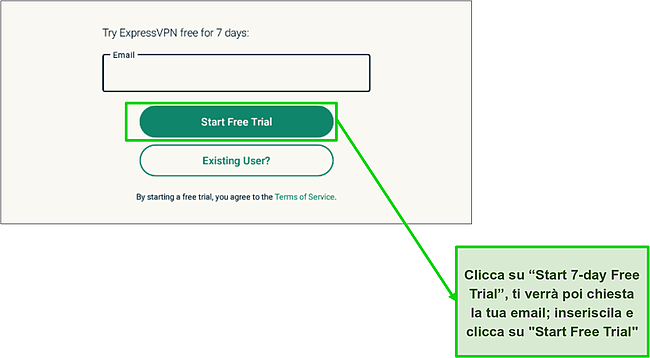 Screenshot del pulsante di prova gratuita di 7 giorni e della pagina di registrazione.