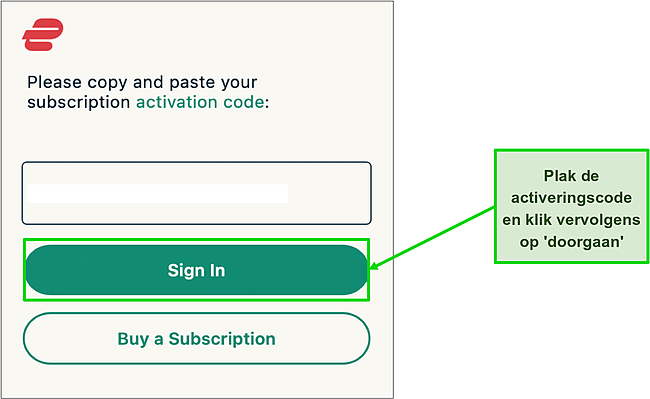 Screenshot van het scherm waar gebruikers de activatiecode kunnen intoetsen.