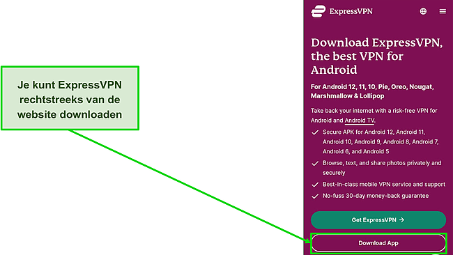 Screenshot van de downloadknop op de ExpressVPN-site.