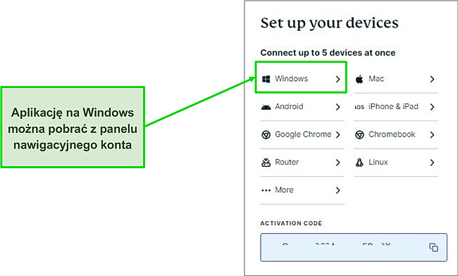 Zrzut ekranu pobierania systemu Windows ze strony i pulpitu nawigacyjnego ExpressVPN.