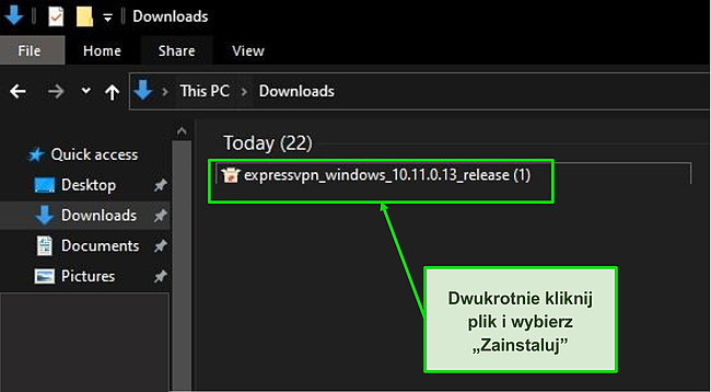 Zrzut ekranu pliku do pobrania ExpressVPN.