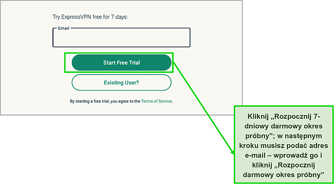 Zrzut ekranu przycisku 7-dniowego bezpłatnego okresu próbnego i strony rejestracji.