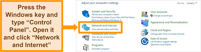 Screenshot of the Windows Control Panel Network and Internet option