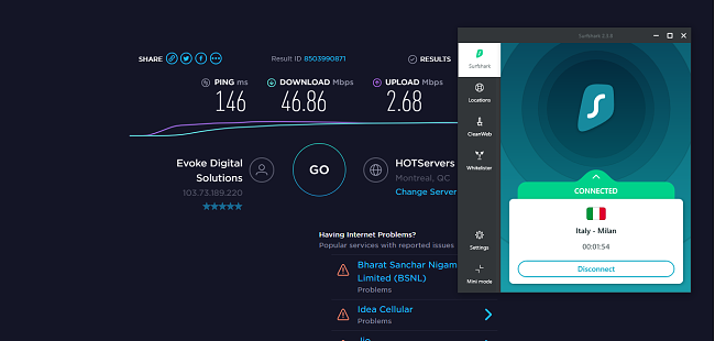 Surfshark Italy speed test