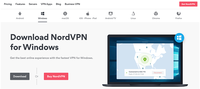 Screenshot of NordVPN's Windows download page