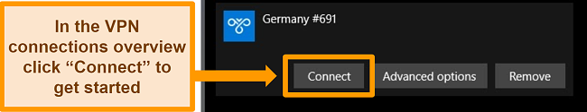 Screenshot of a Windows manual NordVPN connection set up with a German server