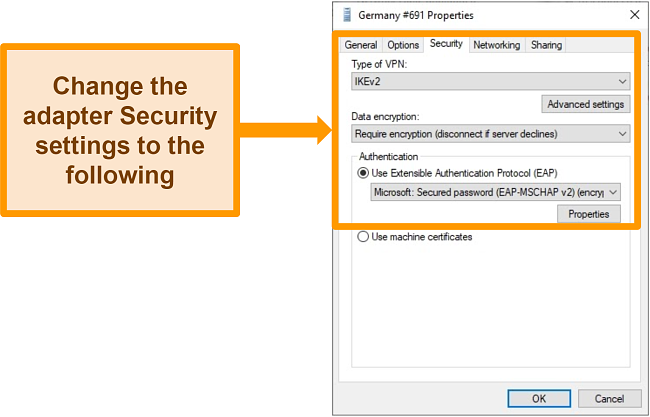 Screenshot of changing the Security properties of a Windows network adapter