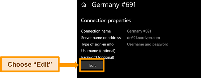 Screenshot of the settings overview of a manual VPN configuration in the Windows VPN menu
