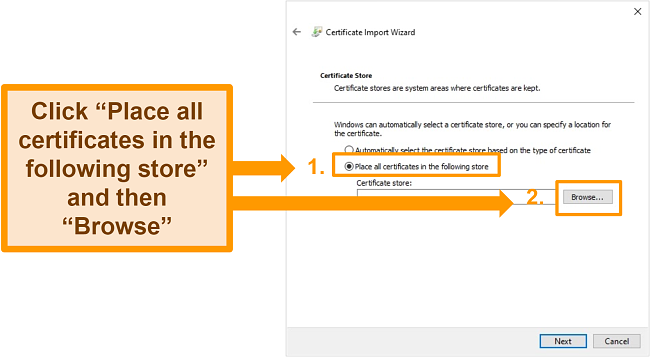 Screenshot of the Windows VPN certificate install process