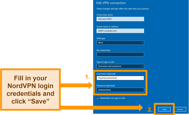 Screenshot of the edit page for a Windows manual NordVPN connection