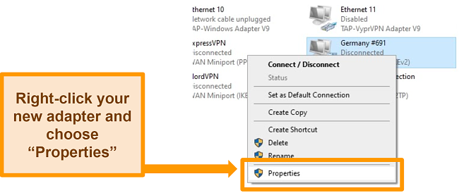 Screenshot of the Windows network adapter screen