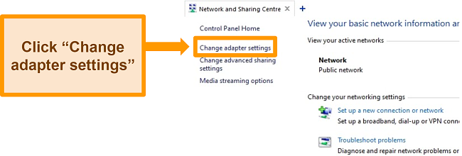 Screenshot of NordVPN's Windows network and sharing center change adapter settings